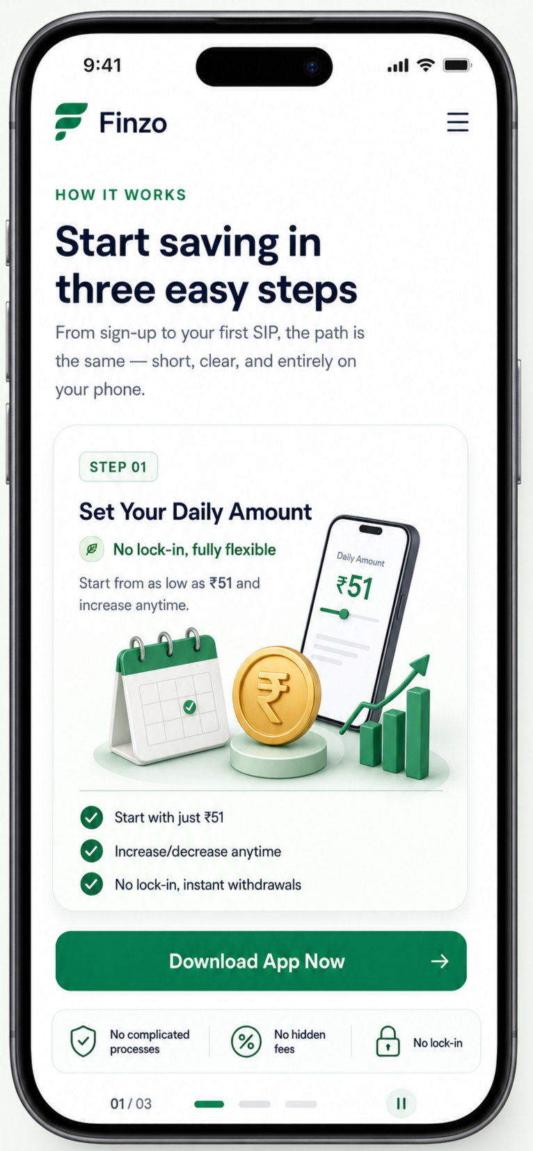 Finzo app screen showing daily SIP amount selection