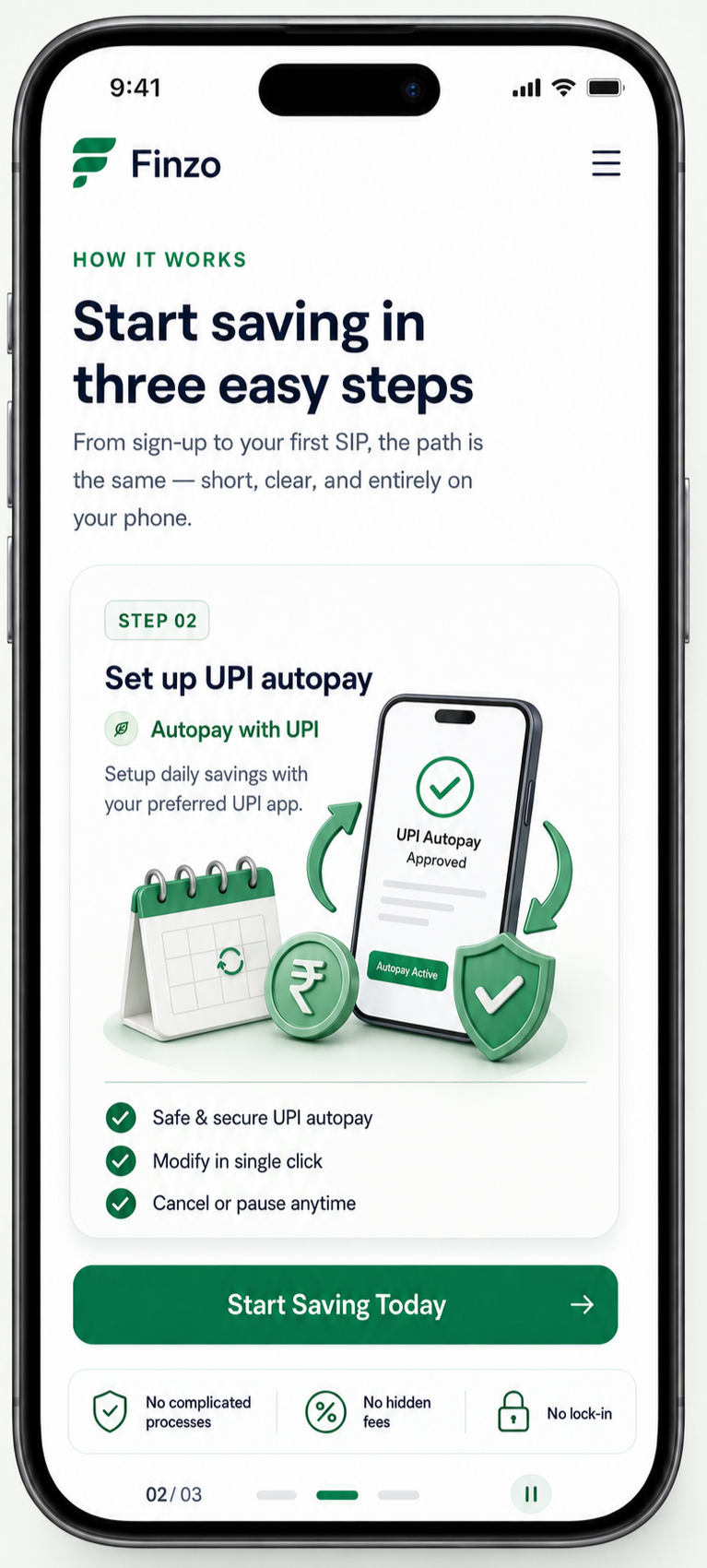 Finzo app screen showing UPI autopay setup