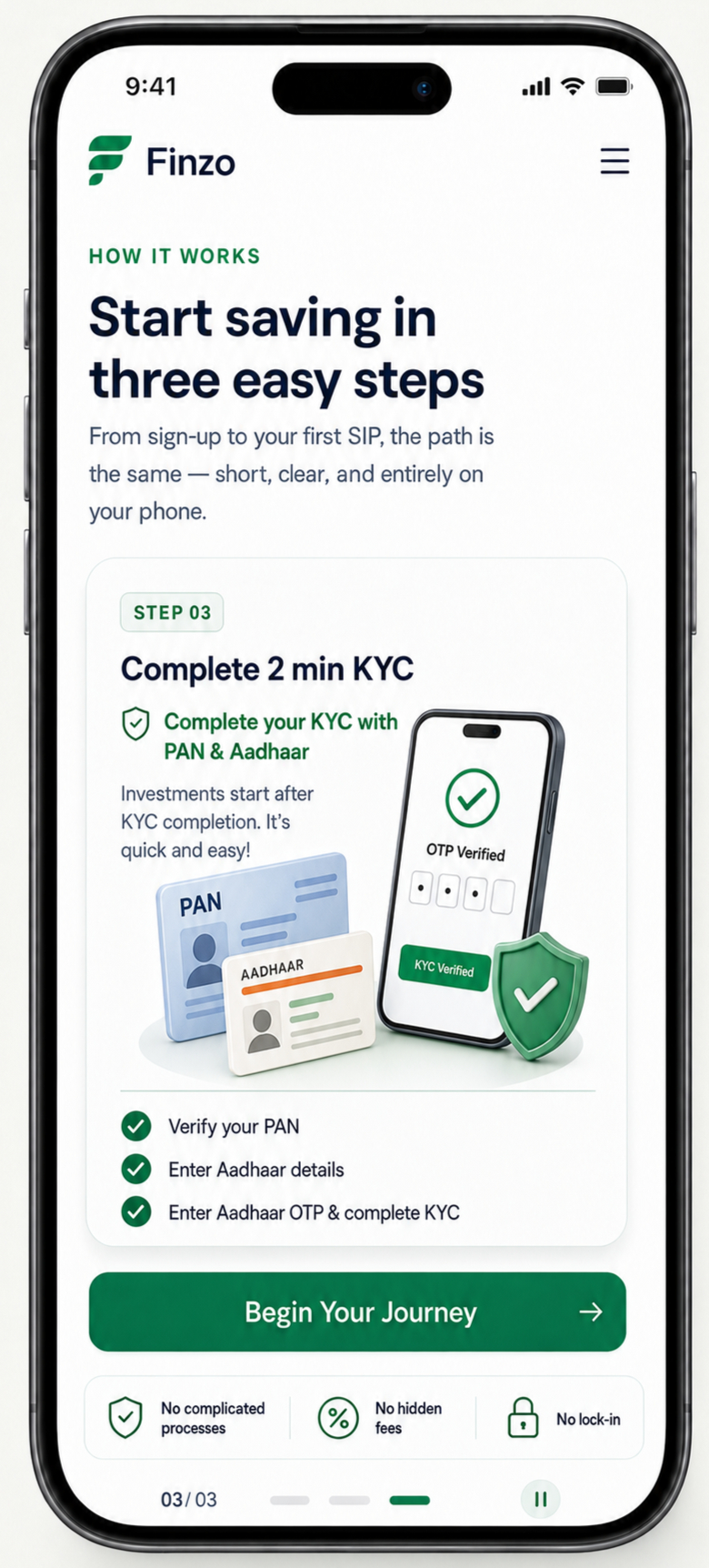 Finzo app screen showing KYC verification